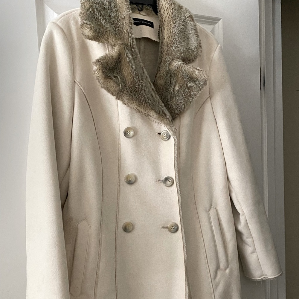 New York & Company Faux Suede/Faux Fur Collar - Ivory Pea Coat